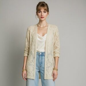 Vintage Beaded Ivory Lace Jacket M Sheer Retro 20s Art Deco Flapper Kimono Scala